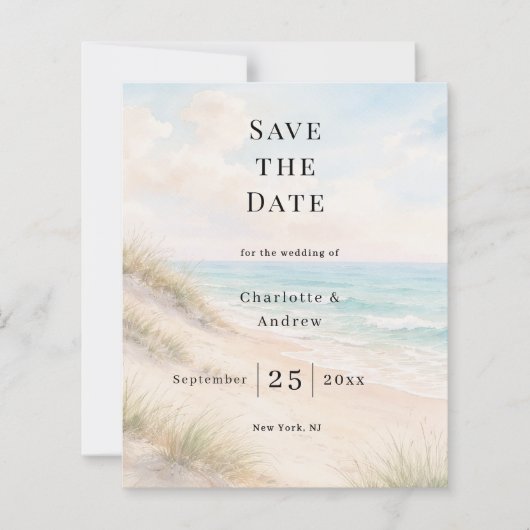 Beach coastal modern wedding Save the Date card (正面)