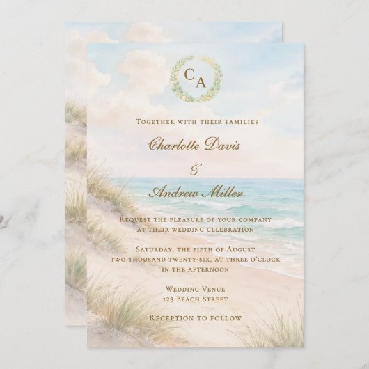 Beach coastal monogrammed wedding 招待状 (正面/裏面)