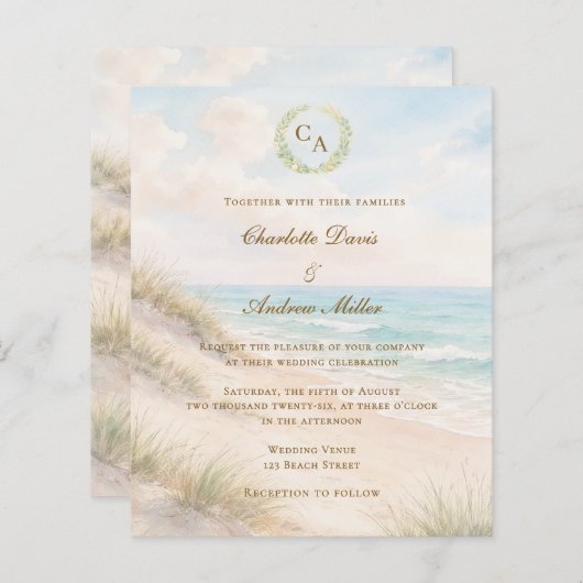 Beach coastal monogrammed wedding invitation (正面/裏面)