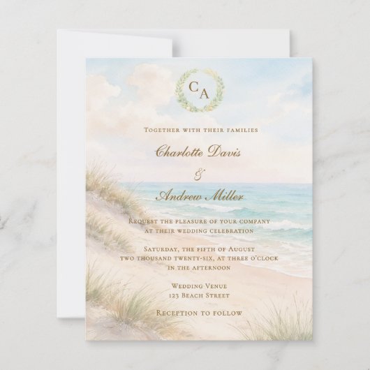 Beach coastal monogrammed wedding invitation (正面)