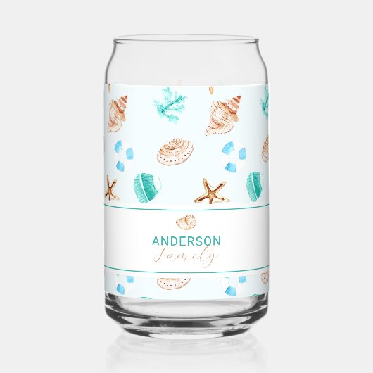 Beach Coastal Seashells Family Name Custom ガラス缶 (正面)