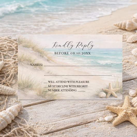 Beach coastal wedding response RSVP ノートカード