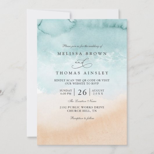 Beach Destination Elegant Modern QR Code Wedding 招待状 (正面)