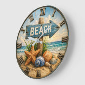 Beach Direction Sign Coastal Beach House Nautical ラージ壁時計 (傾斜)