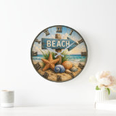 Beach Direction Sign Coastal Beach House Nautical ラージ壁時計 (ホーム)