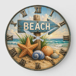 Beach Direction Sign Coastal Beach House Nautical ラージ壁時計
