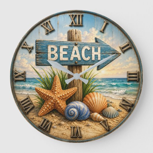 Beach Direction Sign Coastal Beach House Nautical ラージ壁時計 (正面)
