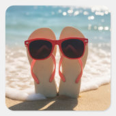Beach Flip-flops with Red Sunglasses スクエアシール (正面)