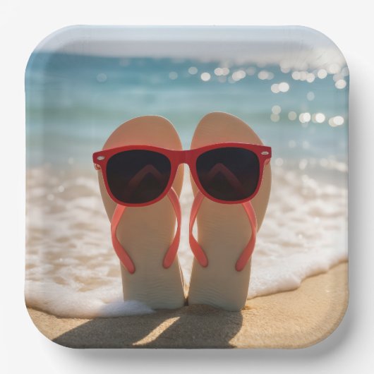 Beach Flip-flops with Red Sunglasses ペーパープレート (正面)