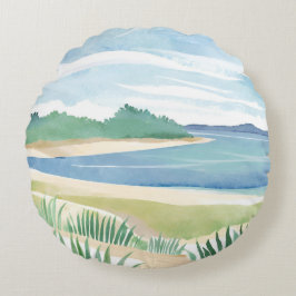 Beach Grass Bay | Watercolor Ocean Coastal Sea ラウンドクッション