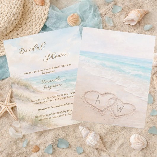 Beach hearts initials Bridal Shower invitation