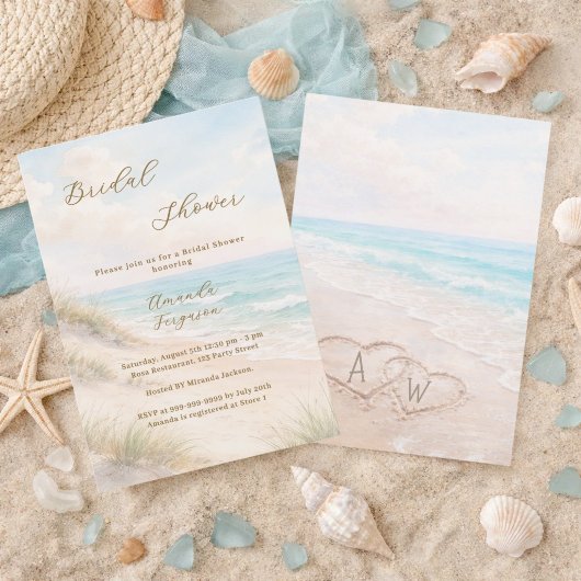 Beach hearts initials sand Bridal Shower 招待状