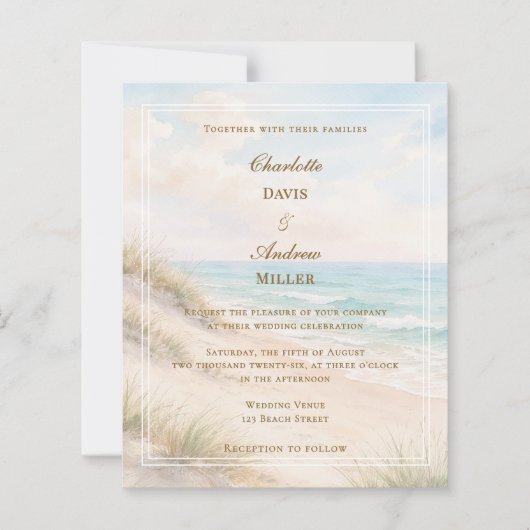 Beach hearts sand initials wedding invitation (正面)