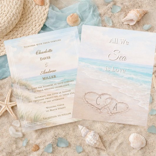 Beach hearts sand initials wedding invitation