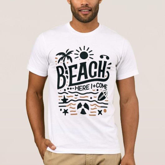 Beach Here I Come Sunny Palm Tree & Surf Vibe Tシャツ (正面)