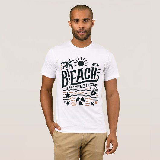 Beach Here I Come Sunny Palm Tree & Surf Vibe Tシャツ (正面フル)