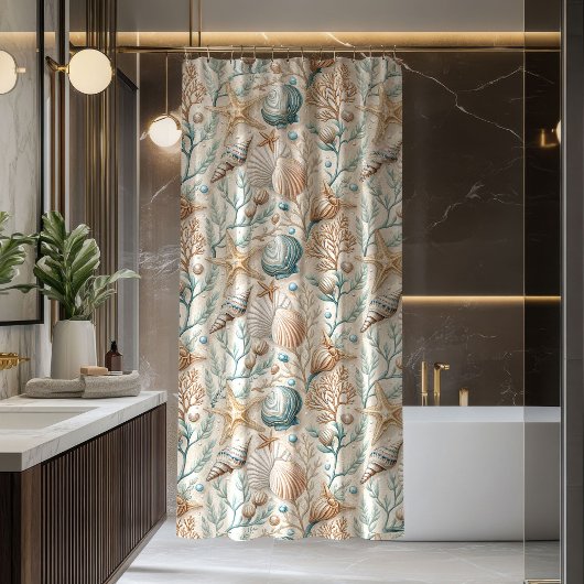 Beach House Curtain Ivory and Blue Maritime Charm シャワーカーテン
