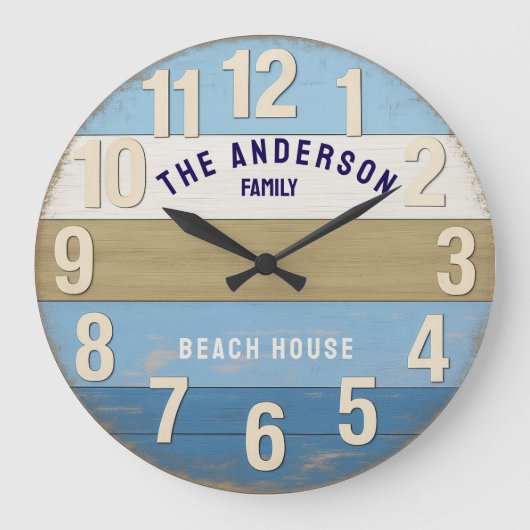 Beach house family sign rustic wood ラージ壁時計 (正面)