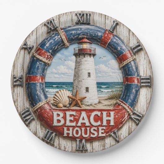 Beach House Lighthouse Rustic Nautical Coastal ペーパープレート (正面)
