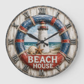 Beach House Lighthouse Rustic Nautical Coastal ラージ壁時計 (正面)