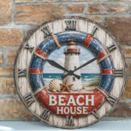 Beach House Lighthouse Rustic Nautical Coastal ラージ壁時計