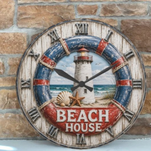 Beach House Lighthouse Rustic Nautical Coastal ラージ壁時計