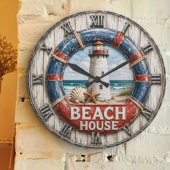 Beach House Lighthouse Rustic Nautical Coastal ラージ壁時計