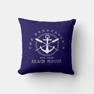 Beach House  Nautical Anchor Blue décor Vacation クッション