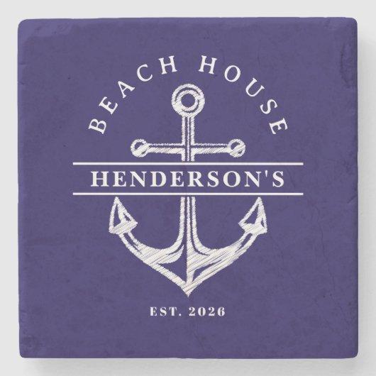 Beach House Nautical Anchor Blue navy Vacation ストーンコースター (正面)