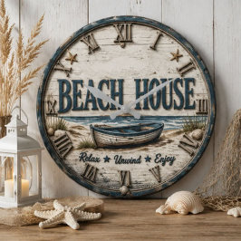 Beach House Nautical Family Coastal Beach Decor ラージ壁時計
