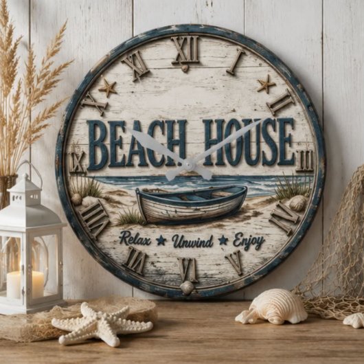 Beach House Nautical Family Coastal Beach Decor ラージ壁時計