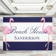Beach House Navy Blue and Pink Flamingos