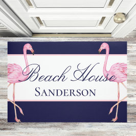 Beach House Navy Blue and Pink Flamingos ドアマット