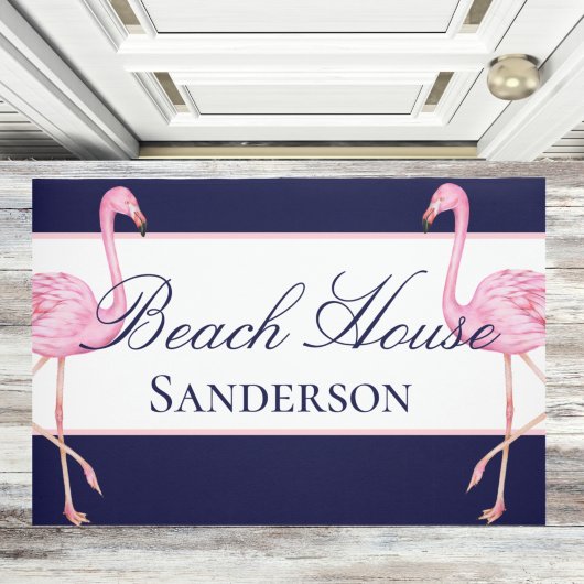 Beach House Navy Blue and Pink Flamingos ドアマット