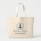 Beach House Navy Blue Nautical Anchor Rope Star ラージトートバッグ (正面)