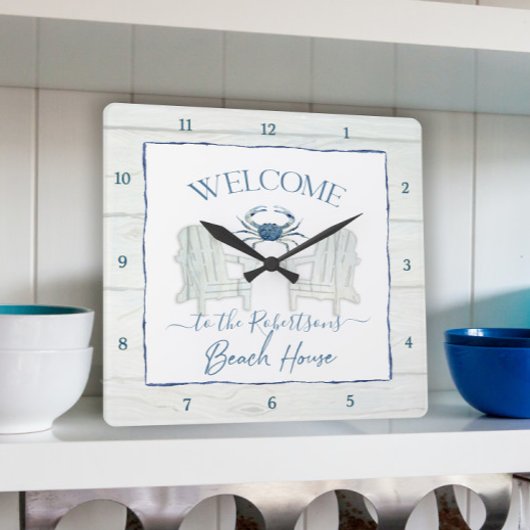 Beach House Watercolor Adirondack Chair Crab Name  スクエア壁時計