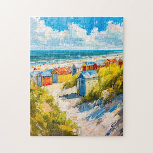 Beach Huts by the Sea in Holland Painting ジグソーパズル (縦)