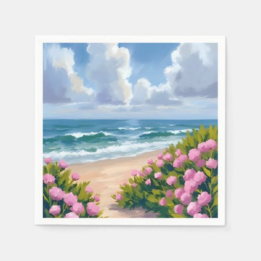 Beach in Bloom | Pink Hydrangea Oceanside Coastal スタンダードカクテルナプキン (正面)