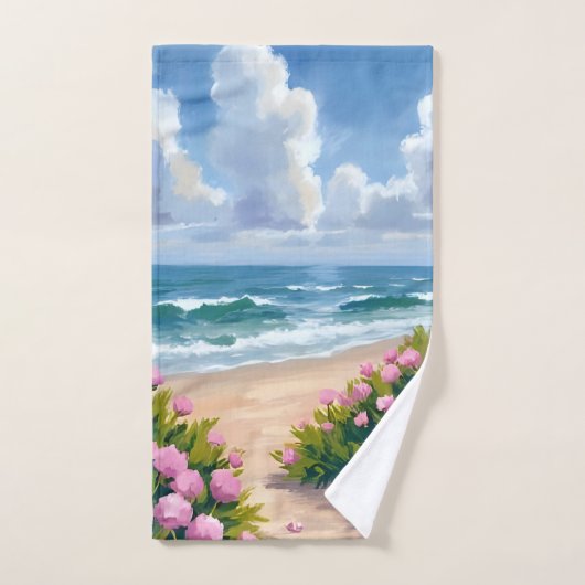 Beach in Bloom | Pink Hydrangea Oceanside Coastal ハンドタオル (ハンドタオル)