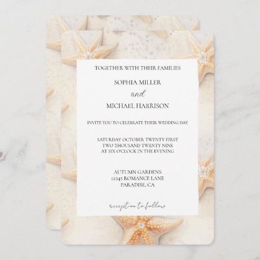 Beach Ivory Cream Ocean Starfish Wedding 招待状 (正面/裏面)