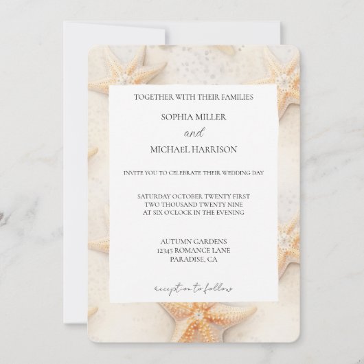 Beach Ivory Cream Ocean Starfish Wedding 招待状 (正面)