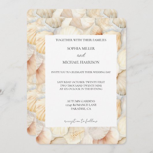 Beach Ivory Cream Sea Shells Wedding 招待状 (正面/裏面)