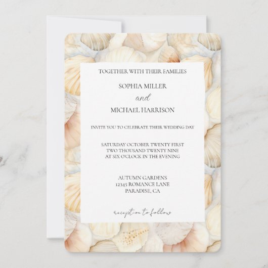 Beach Ivory Cream Sea Shells Wedding 招待状 (正面)