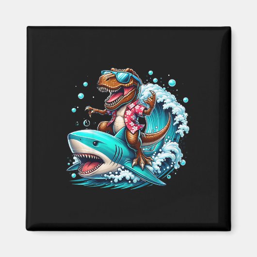 Beach Lover T-rex Dinosaur Riding Shark Surfing Oc マグネット (正面)