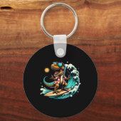 Beach Lover T-rex Dinosaur Riding Surfboard Surfin キーホルダー (正面)
