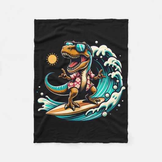 Beach Lover T-rex Dinosaur Riding Surfboard Surfin フリースブランケット (正面)