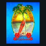 Beach Mele Kalikimaka ポスター<br><div class="desc">Mele Kalikimaka,  Hawaiian for Merry Christmas. Beach art with a palm tree decorated with Christmas lights and ornaments and a tropical ocean blue background.</div>