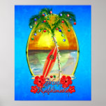 Beach Mele Kalikimaka ポスター<br><div class="desc">Mele Kalikimaka,  Hawaiian for Merry Christmas. Beach art with a palm tree decorated with Christmas lights and ornaments and a tropical ocean blue background.</div>