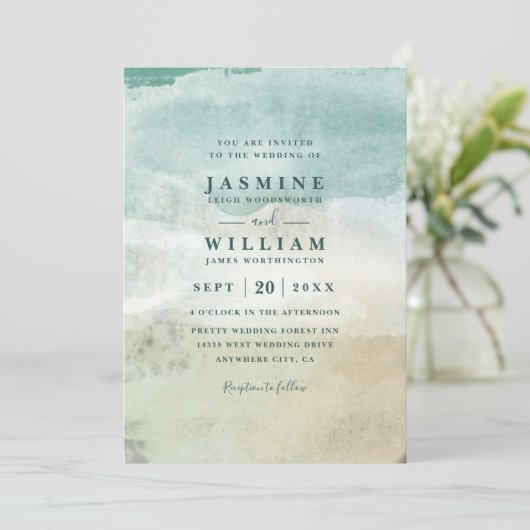 Beach Ocean Destination Elegant QR Code Wedding 招待状 (スタンド正面)