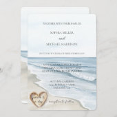 Beach Ocean Heart Sand Wedding 招待状 (正面/裏面)